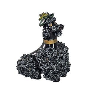 Vintage Black French Spaghetti Poodle Figurine With Green Beret Hat Gold Collar